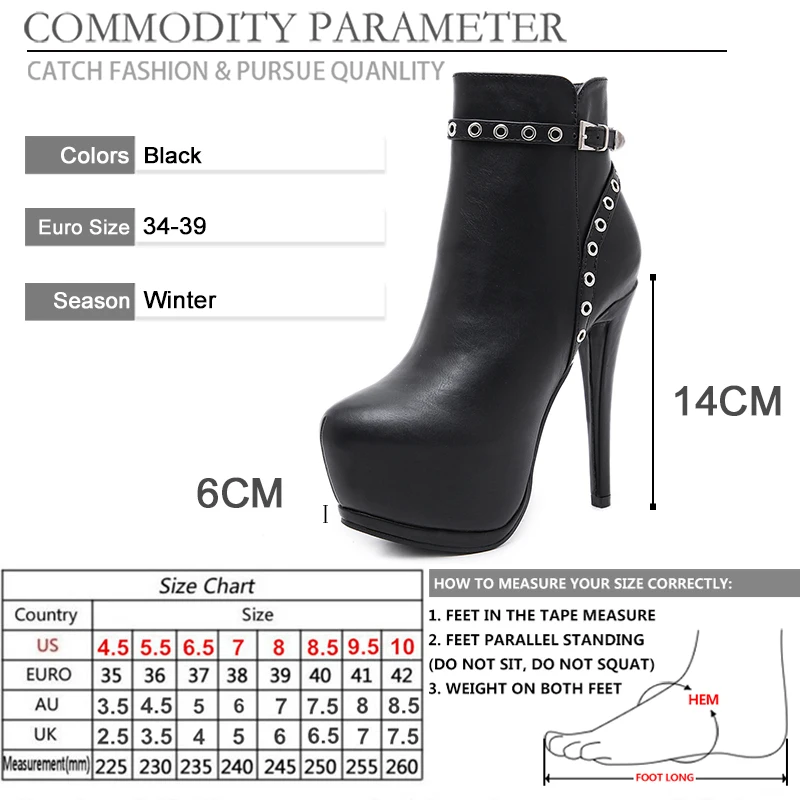 

BYQDY Super High Heel Stiletto Ankle Boots Winter Rivet Autumn Shoes Woman Platform Boots Black Leather Gothic Punk Combat Boot