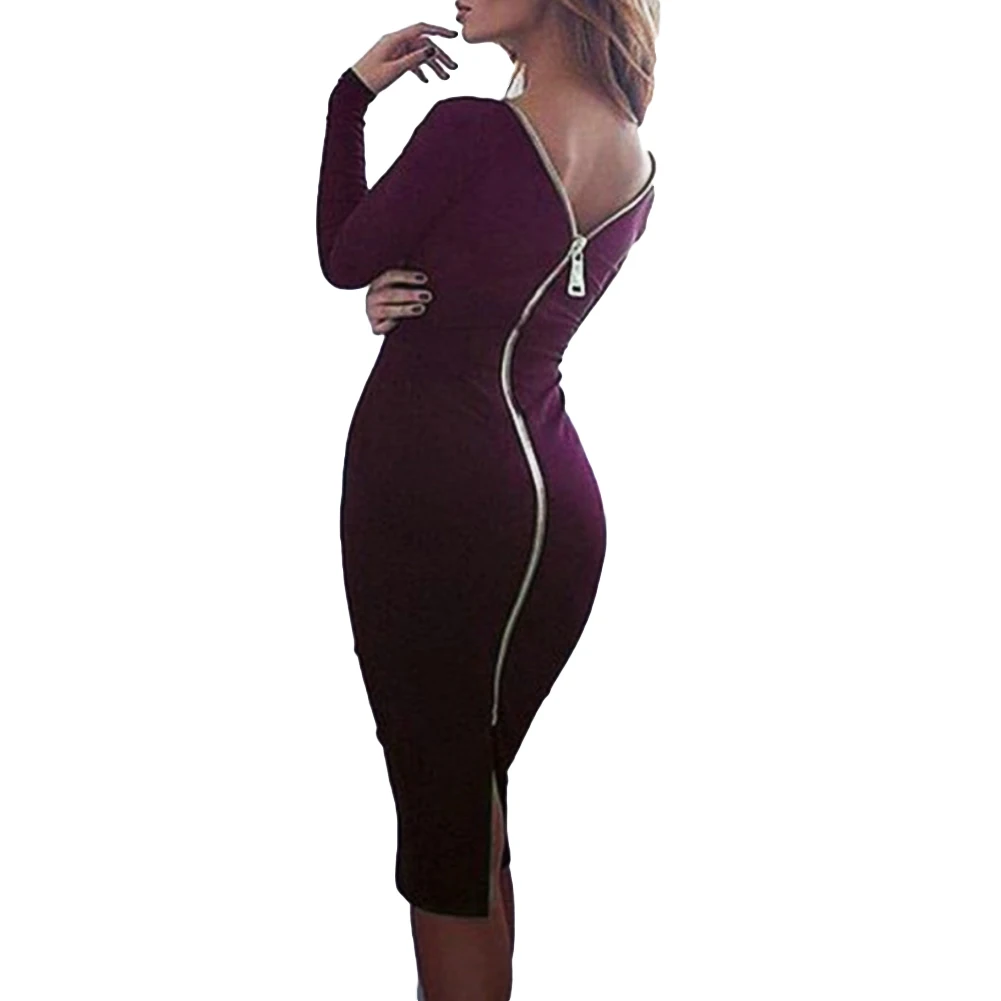 Sexy Women Solid Color Long Sleeve Backless Zipper Sliing Bodycon Banquet Dress | Женская одежда
