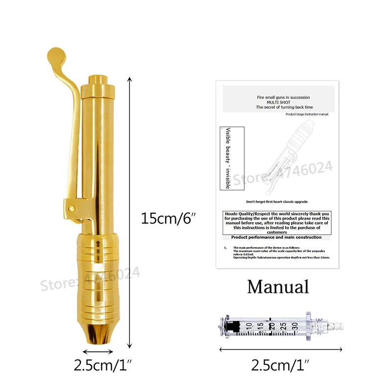 0.3ml Golden Painless Hyaluronic Pen Hyaluron Acid Injection Stainless High Pressure Atomizer for Lip Filling and Facial Lifting