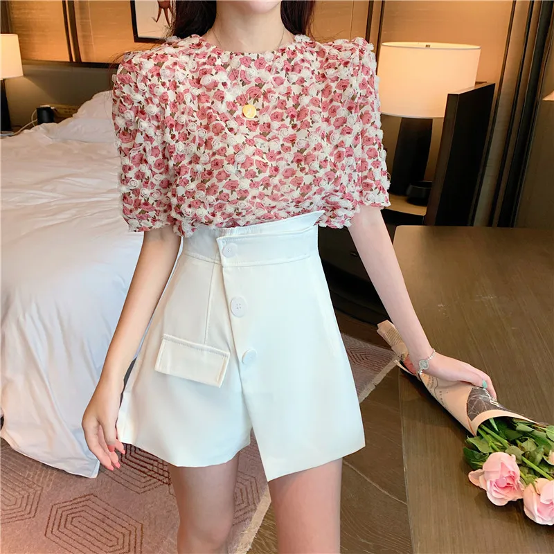 

COIGARSAM Vintage Loose women Floral Print High Waist blusas womens tops and blouses White Shorts Pink Blouse Q156