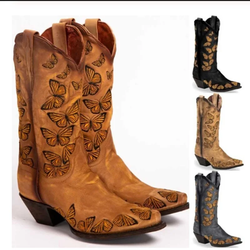 

Butterfly Embroidery Knee High Boots Winter Shoes Women Pointed Toe Faux Suede Chunky Boots Femme Botas Largas Mujer