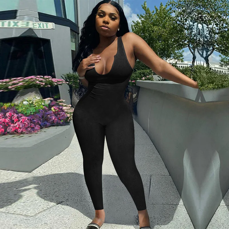

Women's Ribbed Romper Jumpsuit Solid Color Sleeveless Deep U neck Skinny Slim Tight Elastic Home Gym Casual Wear