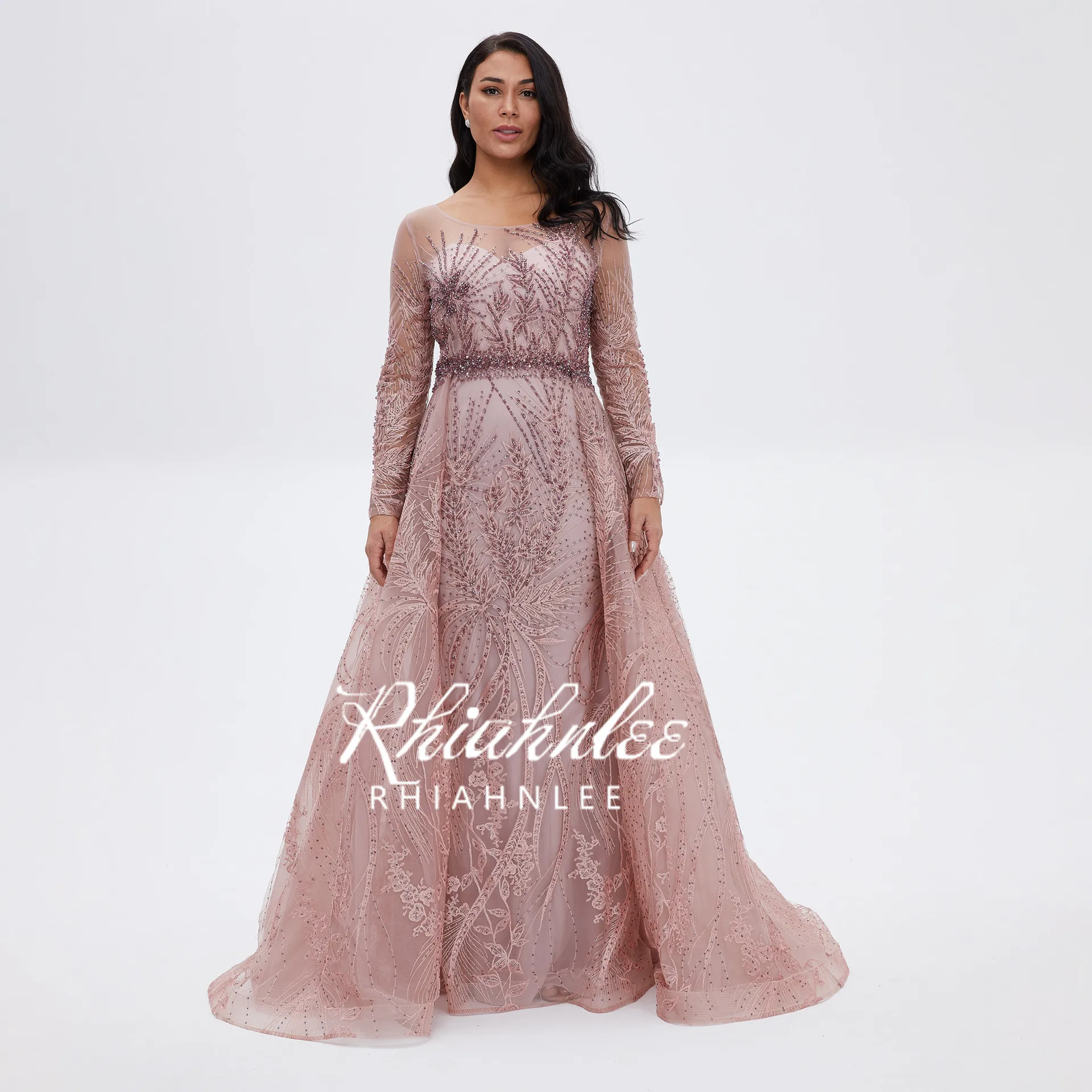 Розовое вечернее платье Rhiahnlee с глубоким декольте кружевное бисером до пола RA0026