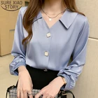 Блузка женская свободного покроя с длинным рукавом, Однотонная рубашка с V-образным вырезом, модная офисная блузка, одежда 2021, осень 11008