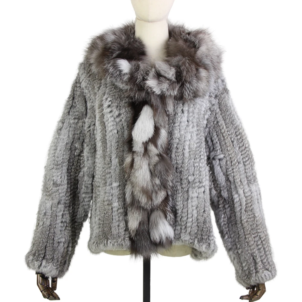 Женское зимнее трикотажное пальто Harppihop с воротником из лисьего меха|real rabbit fur