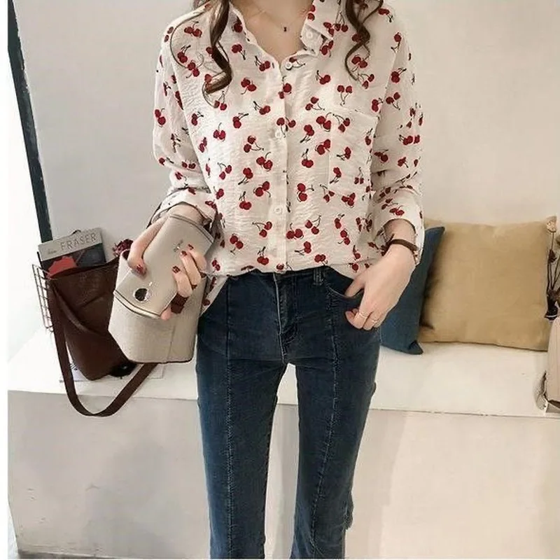 

Mazefeng 2020 New Cherry Printing Blouse Top Women Retro Long Sleeve Casual Shirt Blouse women Elegant Chiffon Shirt for women
