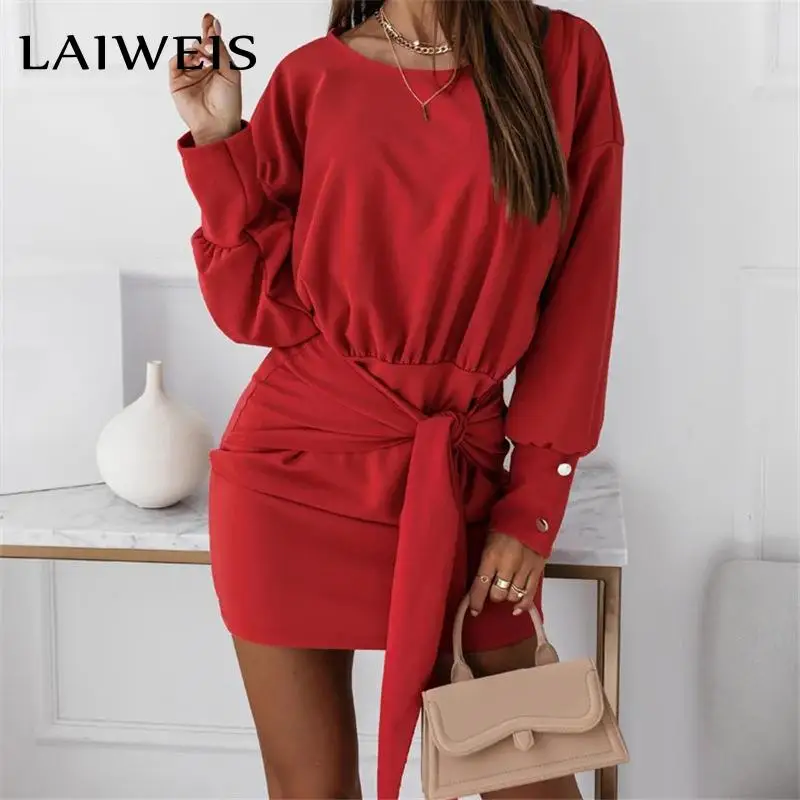 

LAIWEIS однотонное облегающее платье с бантом спереди, Осеннее модное сексуальное короткое платье с длинным рукавом и круглым вырезом для женщ...