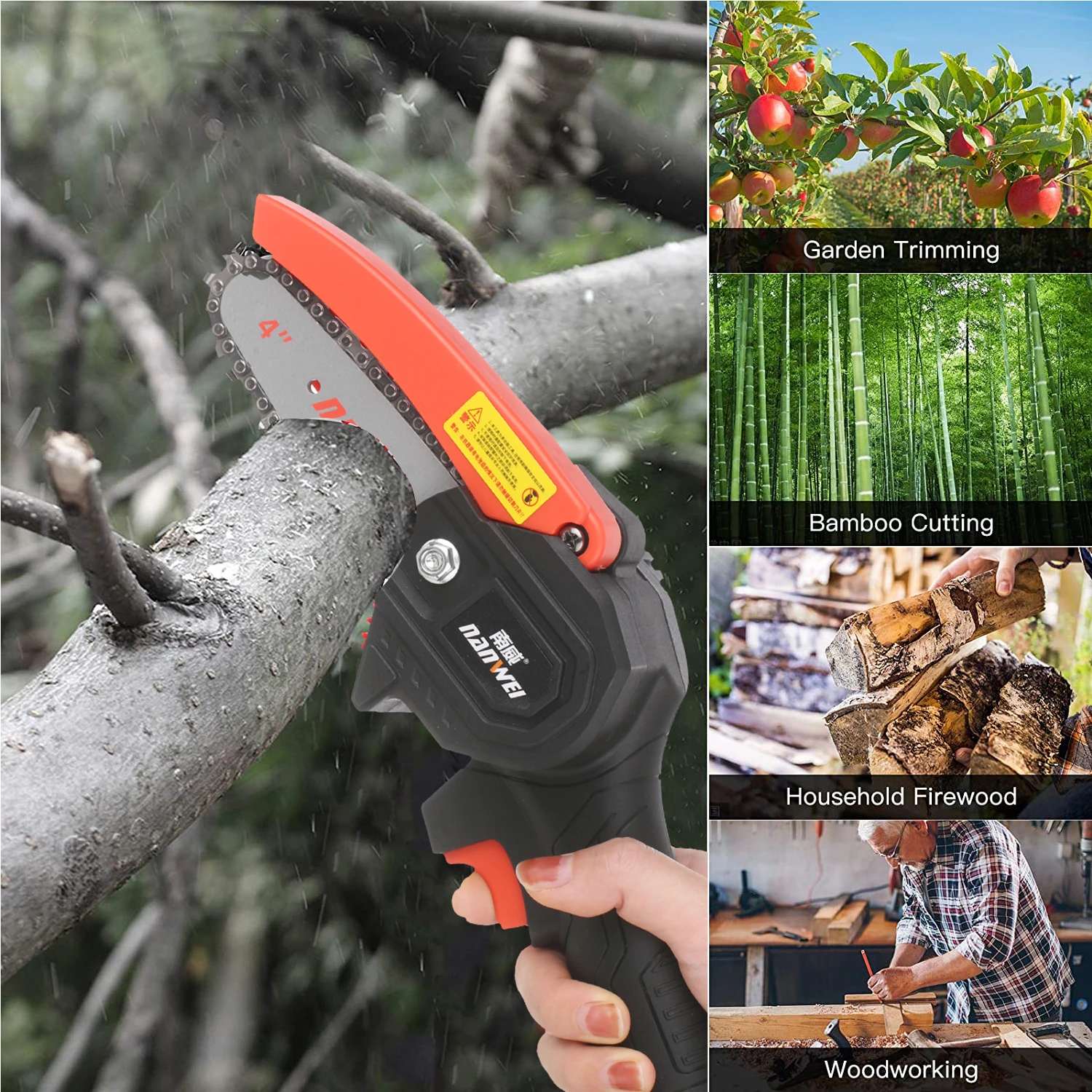 

21V Cordless Chainsaw 4-Inch Electric Brush Pruning Saw 2 Pack Rechargeable Lithium Battery Powered Tree Pruning Garden Tool