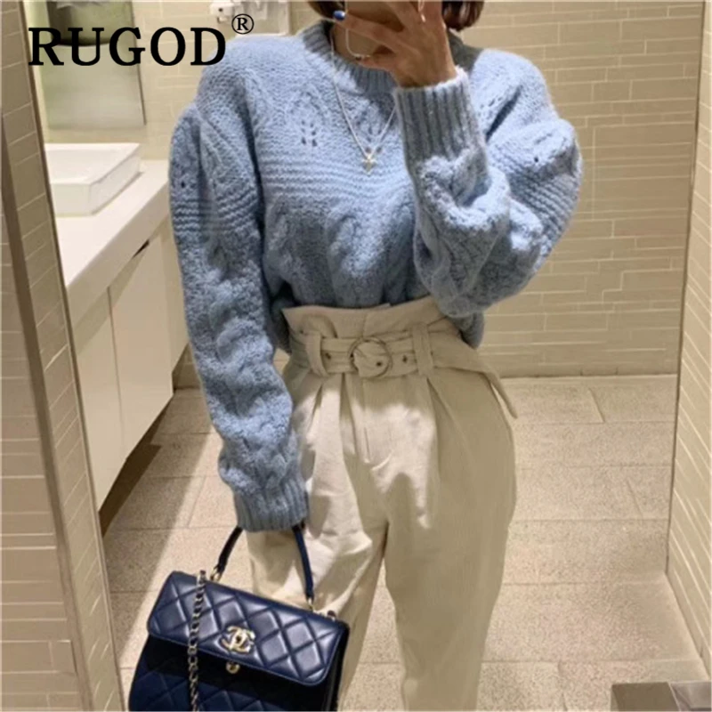 RUGOD ins Fashion knitted sweater women Vintage puff sleeve round neck pullovers female 2019 winter auturm warm knitwear | Женская