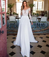 charming long sleeve wedding dress 2021 cheap beach for bride a line sheer neck side slit appliques bride gown vestidos de noiva