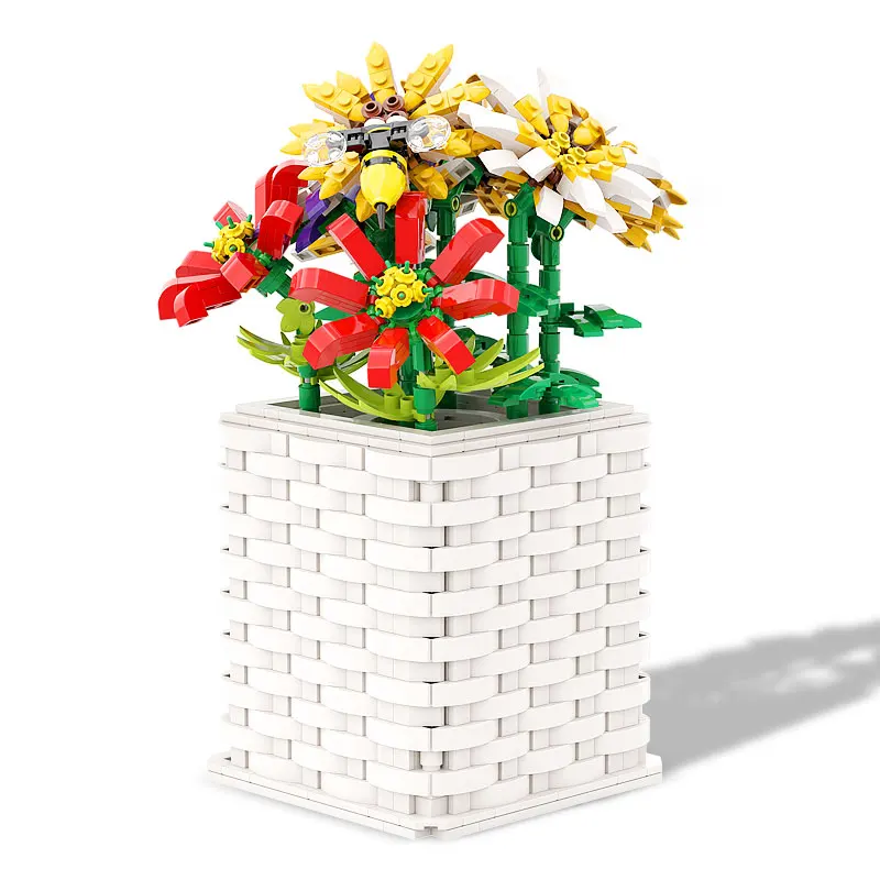 

MOC Colorful Flowers Bouquets Rose Sunflower Vase Bees Potted Plants Phalaenopsis Blossom Ornaments Model DIY Kid Gifts Toys