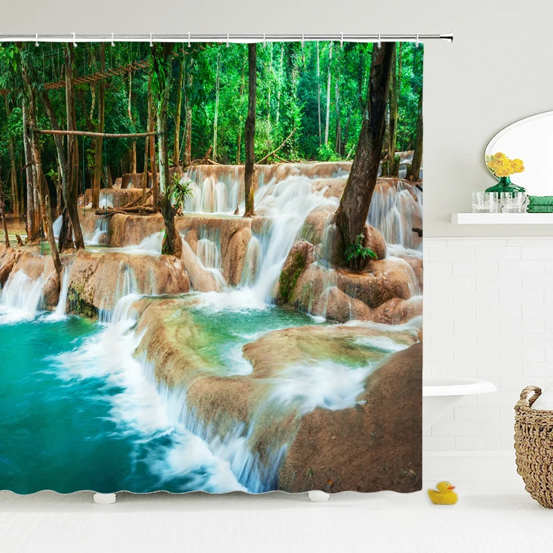 

Waterfall Bathroom Shower Curtain Waterproof Polyester Forest Tree Scenery Bathroom Curtain Printing Shower Curtain Bath Screen