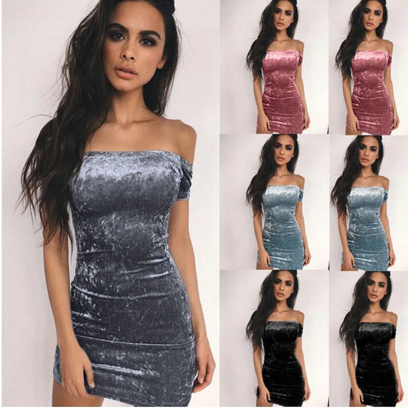 

Sexy Off Shoulder Short Sleeve Velvet Dress Spring Summer New 2021 Strapless Bodycon Mini Vestidos Vintage Party Dresses