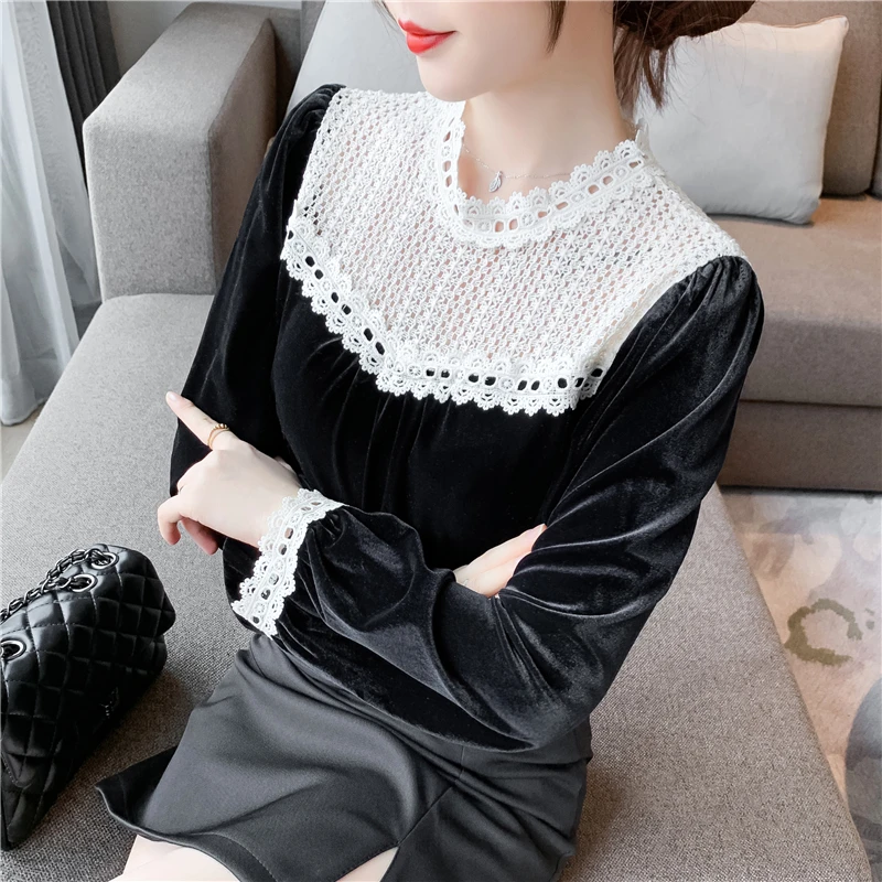 

Spring Fall Womens Hollow Out Lace Patchwork Velvet Top T Shirt Women Korean Style Sweet Black Slim Tops Elegant Woman Tshirts