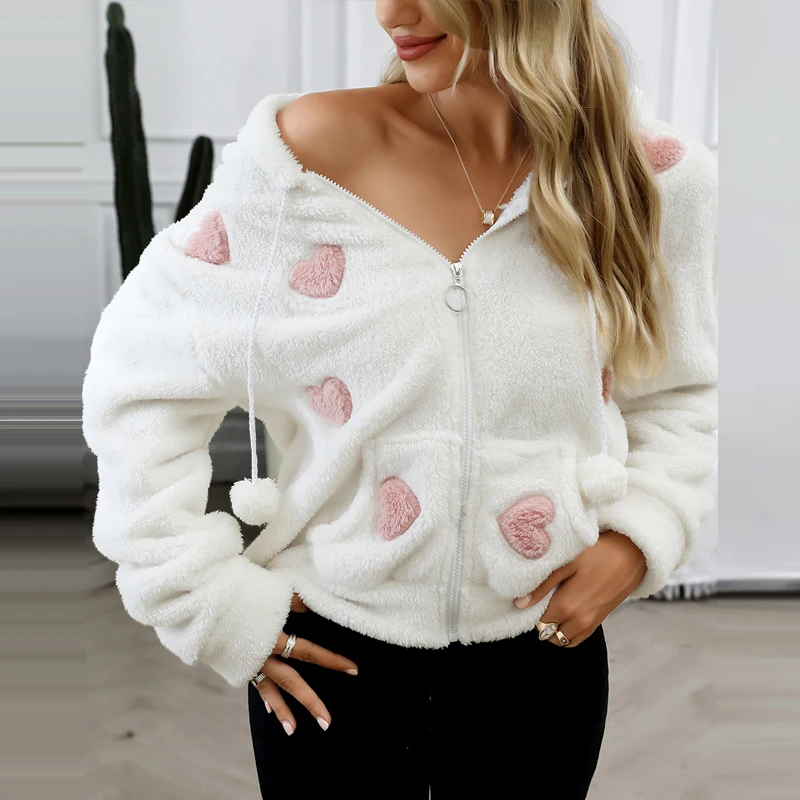 

Flannel White Printed Heart Warm Women Winter Kawaii Zipper Coat Ladies Casual Fashion Korean Long Sleeve Plush Outwear SJ7384M