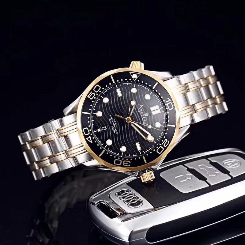 Black Yellow Gold Роскошные брендовые Новые Мужские автоматические механические часы серебристого, черного, синего цвета James Bond 007 керамическое сапфировое стекло сзади Спортивные розовое золото AAA - Цвет: Black Yellow Gold