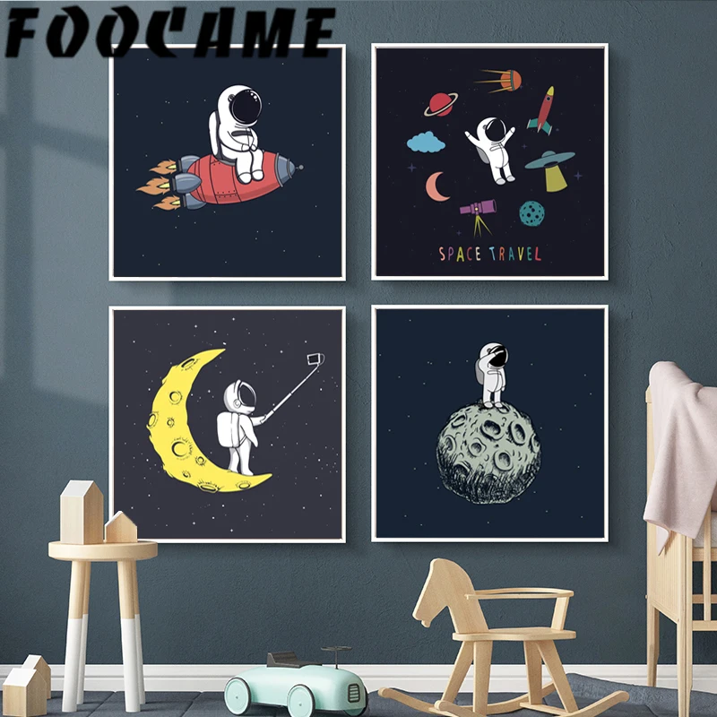 Мультяшный космонавт космическая планета Луна скандинавский холст печать