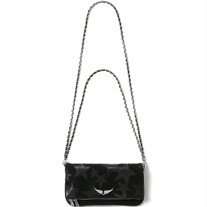 2021 New Fashion Bag Women Black Small Shouler Bags Genuine Leather Star Rhinestone Wings Decorated Chains Handbag