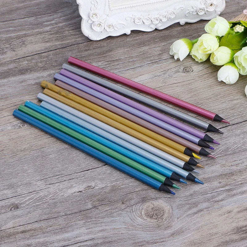 

12 Metallic Colored Pencil Non-toxic For Drawing Sketching Set Stationery