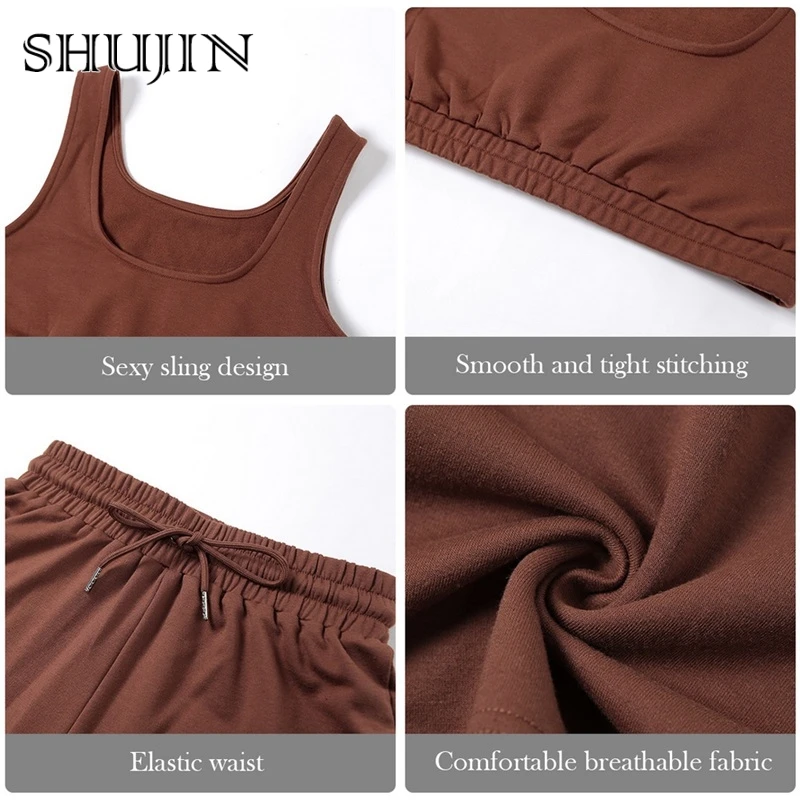 

SHUJIN Casual Solid Sportswear Two Piece Sets Women 2021 Crop Top And Drawstring Shorts Matching Set Summer Athleisure Outfits