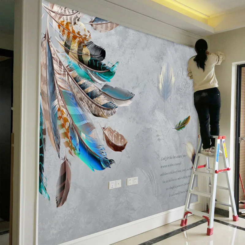 

Custom 3D Feather Sofa TV Background Wallpaper Bedroom Seamless Wall Covering Bedside Wallpaper Custom Mural
