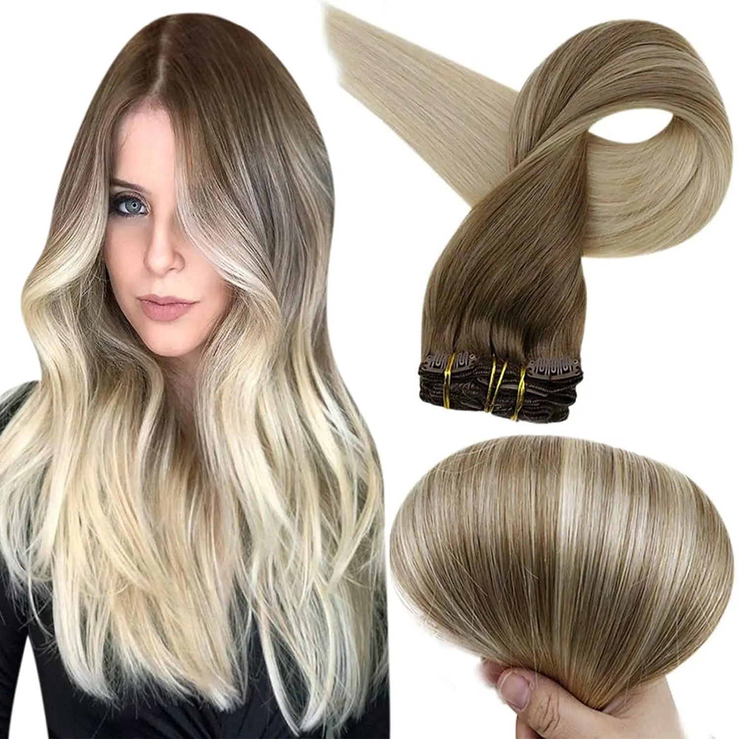 

Full Shine Clip In Human Hair Extensions Balayage Ombre Blonde Black Hairpins 7pcs 120g Double Weft 100% Machine Remy For Woman
