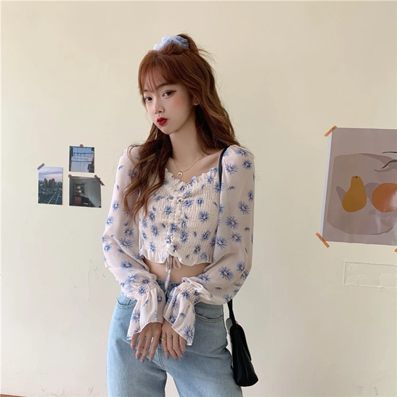 

Women'S Summer Chiffon Shirts Sweet Style Floral Print Slash Neck Blouses Sexy Pleated Puff Long Sleeve Tops