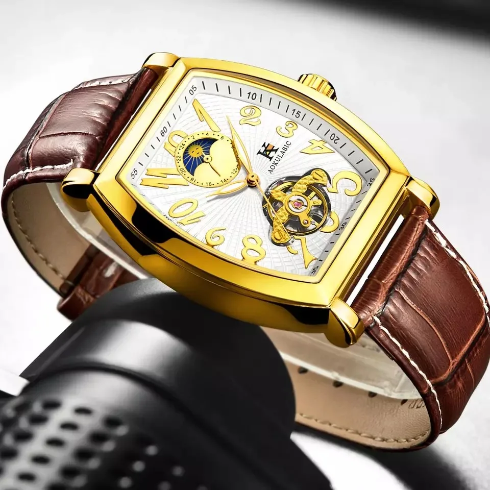 

AOKULASIC Luxury Automatic Mechanical Watches Men Moon Phase Skeleton Self Winding Wristwatch Male Clock Leather Man Relogio