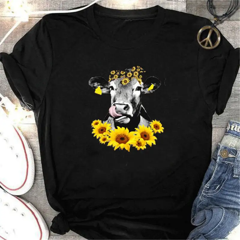 

Women Sunflower Heifer Aesthetic Funny Ladies Letter Tee Floral Streetwear Casual Top Hipster Soft Trendy Summer T-Shirt