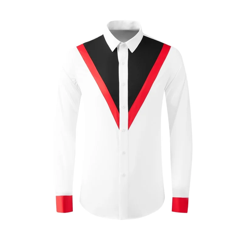 

2021 new long-sleeved front triangle contrast color men's slim-fit shirt everyday personality men's clothing button up shirt