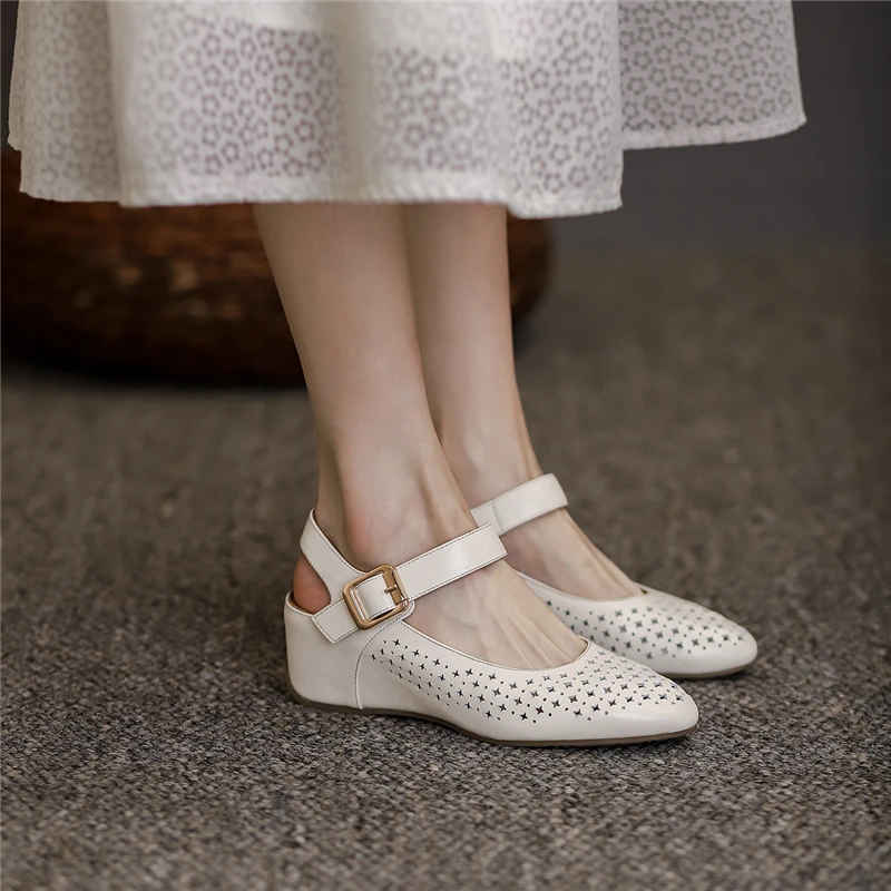 

Drestrive Women Pupms Pointed Toe Full Genuine Leather Buckle 2021 New Arrival Summer Hollow Wedges High Heel Shoes Cow Leather