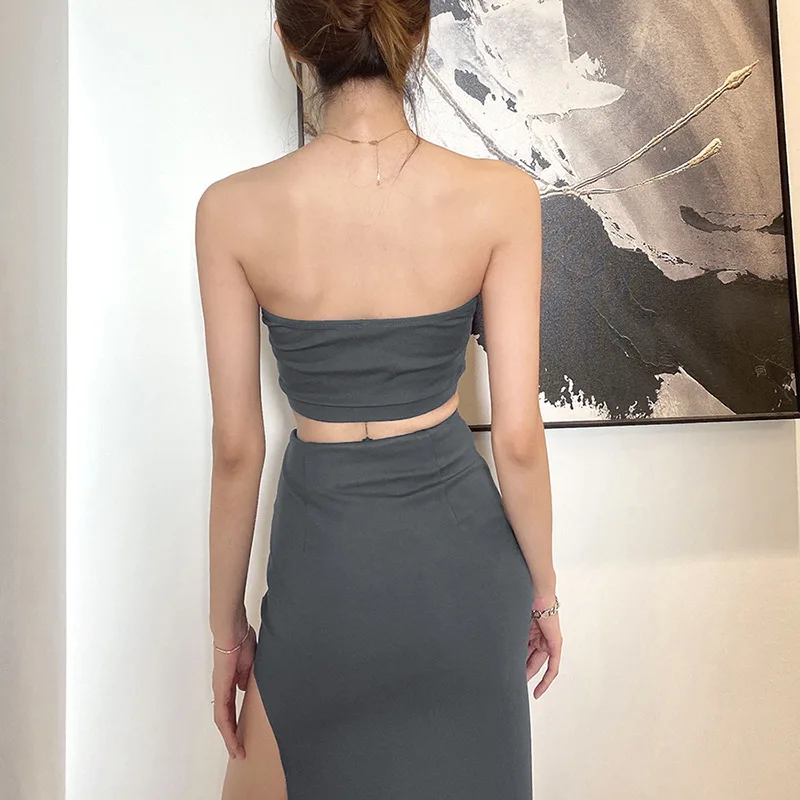 

Women's two-piece skirt 2021 Summer New Pure Color Sexy Wrapped Chest Irregular Long Skirt Suit Sleeveless Simple and stylish