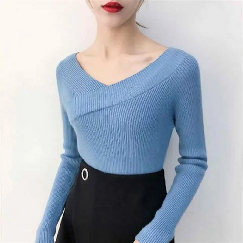 

2021 Spring Autumn Women Sweater Korean Sexy Slash Neck Solid Pullovers Elegant V Neck Slim Fit Long Sleeve Sweater Women
