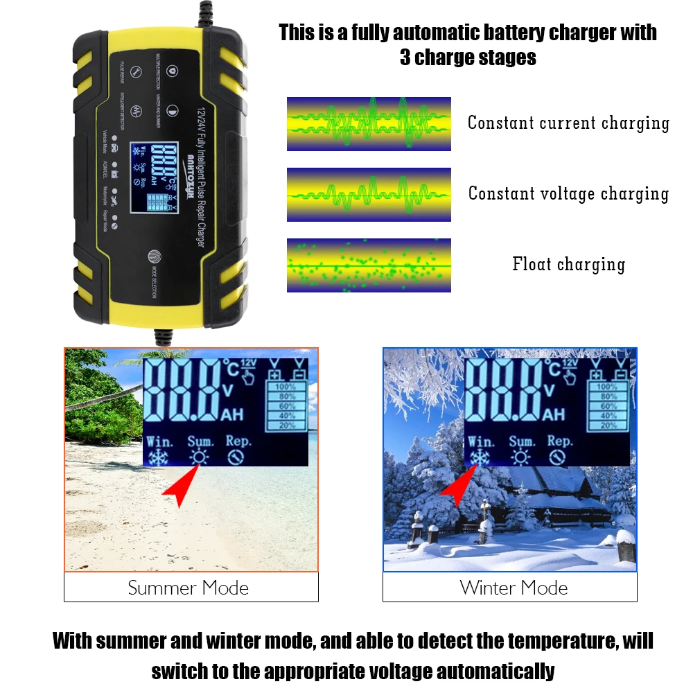 Mini Size Portable 12V/24V 8A Car Battery Charger Adapter Power Motorcycle Auto Cell with Digital Display | Автомобили и