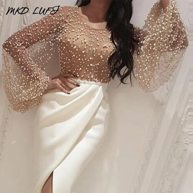 Украшенное бисером Сетчатое лоскутное длинное платье с разрезом женское