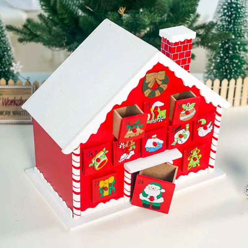 Рождественский деревянный дом обратный отсчет Advent календарь 24 ящика конфеты подарочная упаковка X3UC