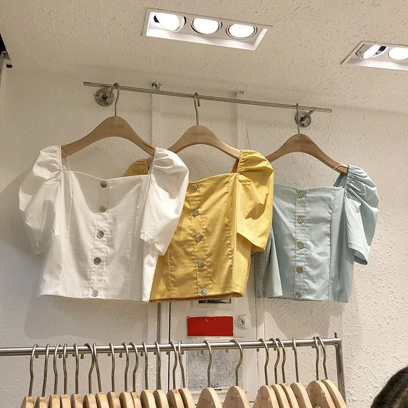 

Summer Sweet Square Collar Short Shirts Women Blouses Chic Puff Short Sleeve Blusas Mujer 2021 New Solid Womens Crop Tops