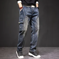2022 spring elastic waist jeans men autumn patchwork denim pants plus size pocket mens clothing bottoms