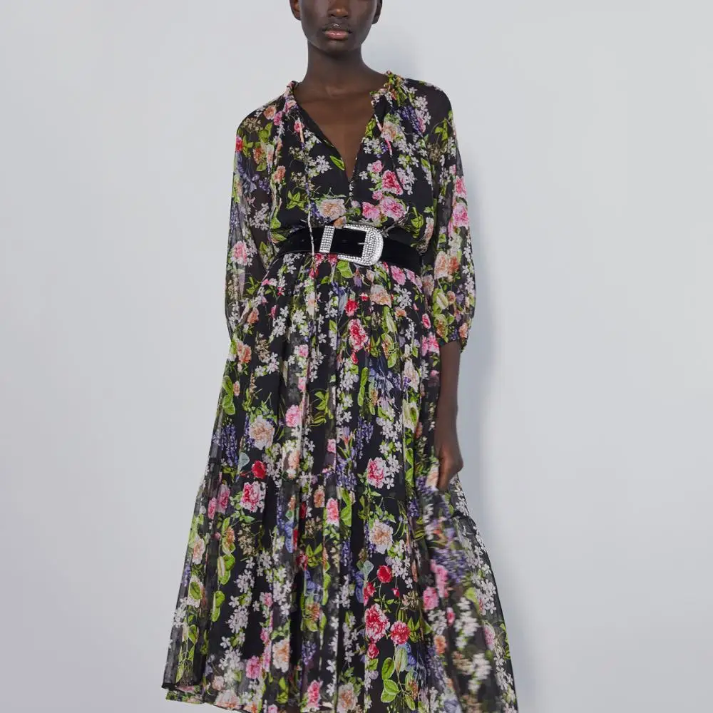 Женское длинное платье с цветочным принтом Za платья длинными рукавами и круглым