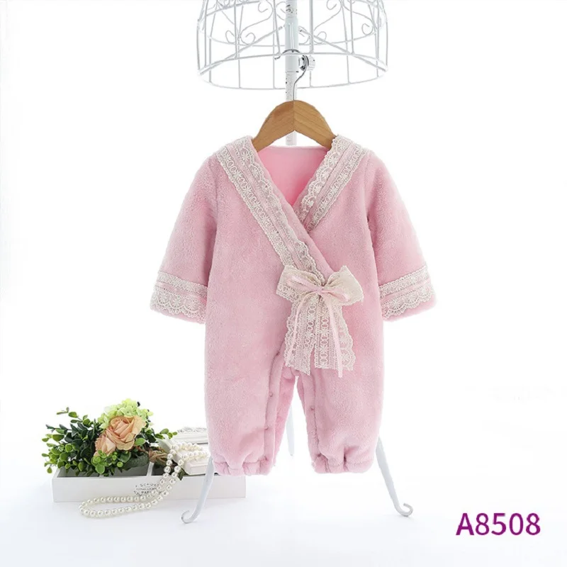 

New 2021 Infant Newborn Baby Romper Winter Flannel Long Sleeve Lace Bow Pink Baby Cute Rompers Clothes Outfits