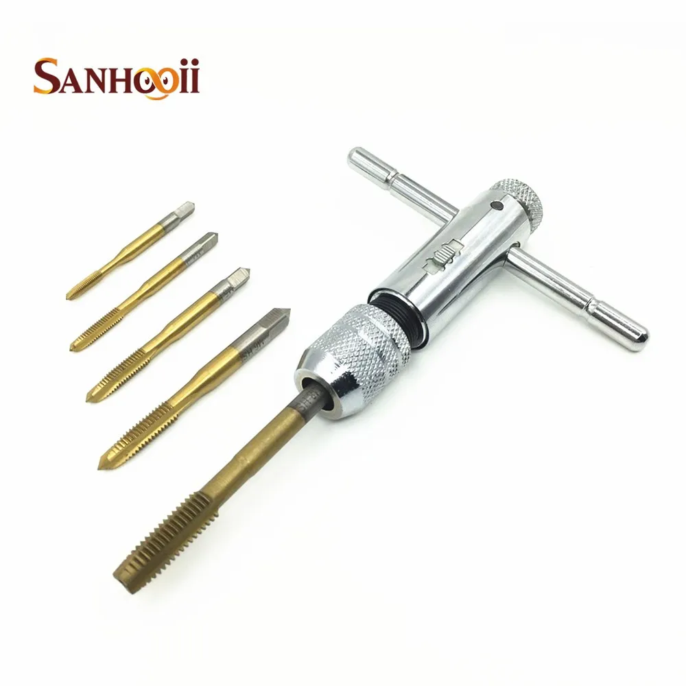 

M3-M8 Tap & Mini Steel Ratchet Wrench Tools Titanium Electroplating Spiral Fluted Machine Screw Tap