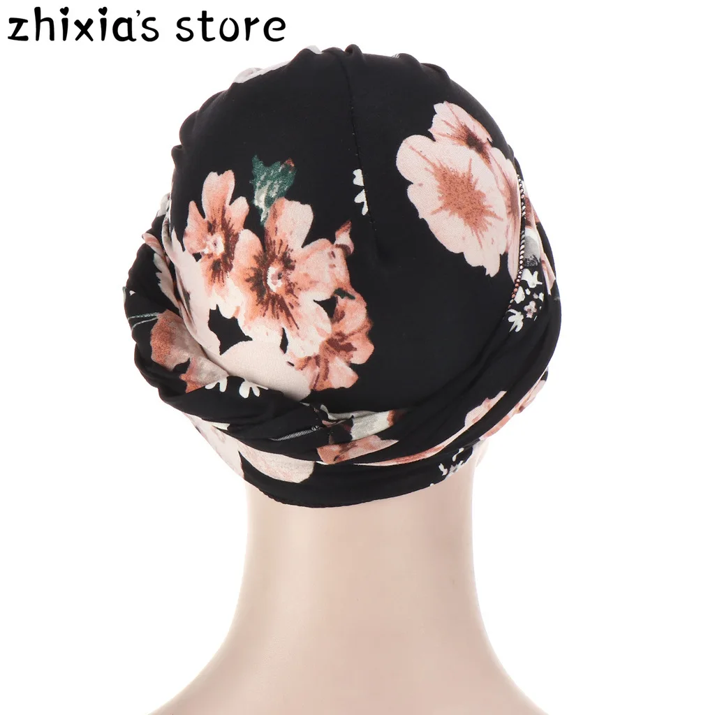 

2020 new women flower print wrap head turban caps twisted muslim hijab turbans female headban bonnet islamic headscarf india hat