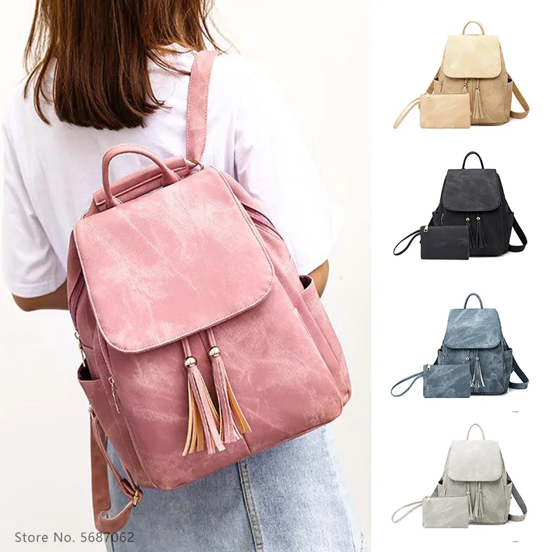 

Solid Color PU Backpack Women New 2021 European and American Style Fashion All-match Outdoor Tassel Travel Mini Storage Bags