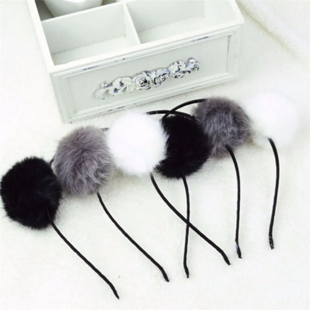 Ободок с меховым помпоном для женщин и девочек теплый ободок пушистыми ушками