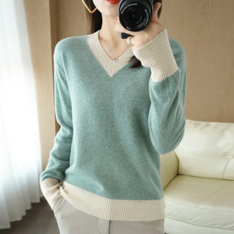 

Женский кашемировый свитер, вязаный Топ из 2021 чистой шерсти с V-образным вырезом, короткий пуловер, свободная рубашка, Осень-Зима 100%