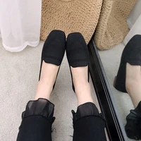 plus size spring new ballet flats women square toe knit fabric loafers breathable flat heel drive shoes sneaker
