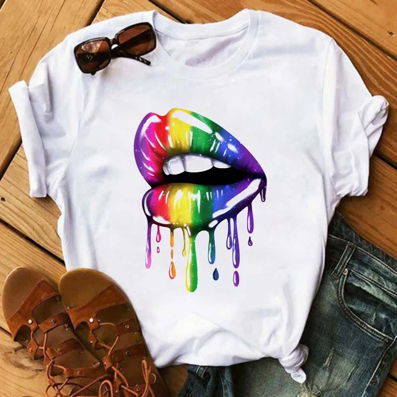 

Summer Cartoon Lip Print Boss Shirt Harajuku Kawaii Top Plus Size Streetwear Camisas Mujer Camiseta Femme Maycaur Women T Shirts