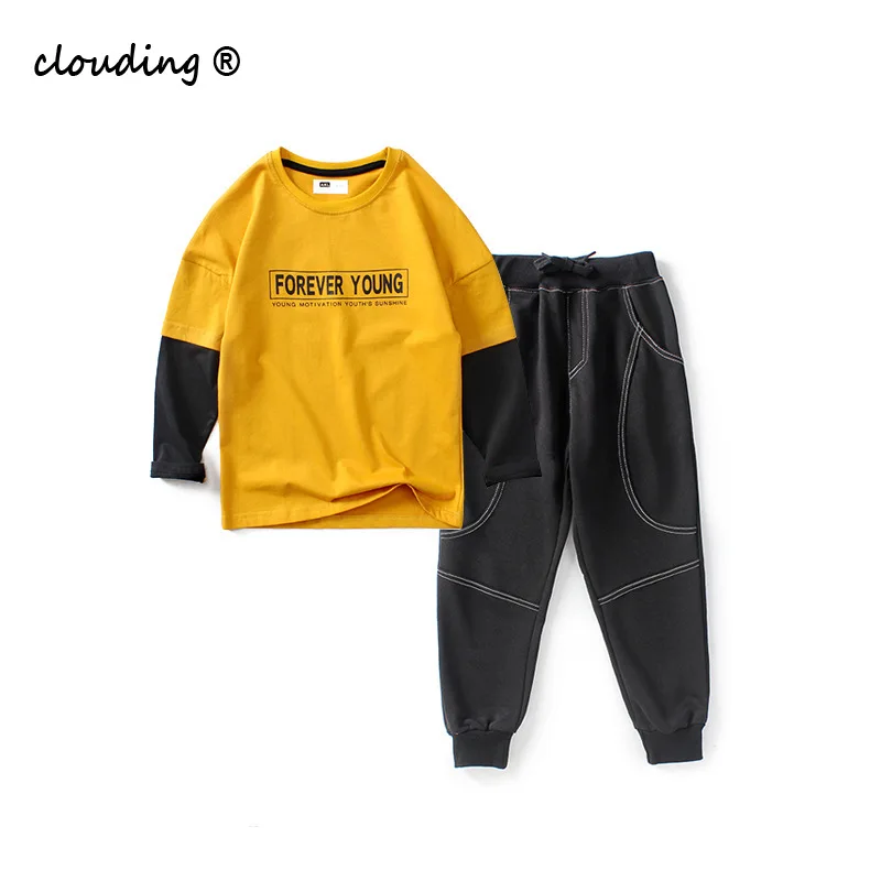 

Детская одежда, новый костюм с длинным рукавом для мальчиков на весну и осень, махровые брюки для больших детей, Детский костюм с футболкой
