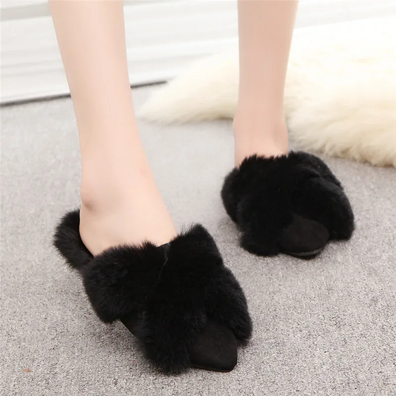 Меховые тапочки на плоской подошве 2019 женские шлепанцы пушистые зимняя теплая