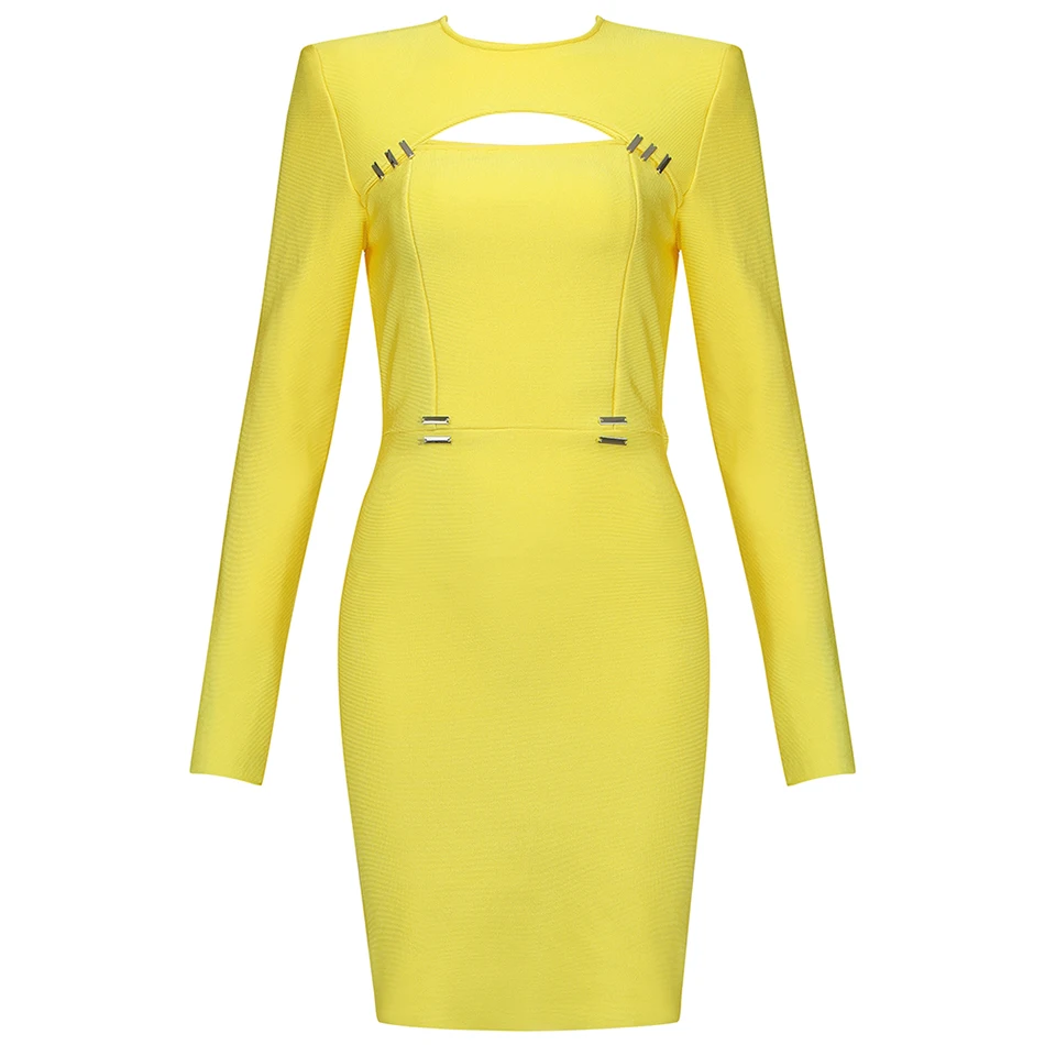

High Quality Women'S Spring 2021 Sexy O-Neck Long Sleeve Hollow Crystal Bandage Dress Yellow Bodycon Club Party Dress Vestidos